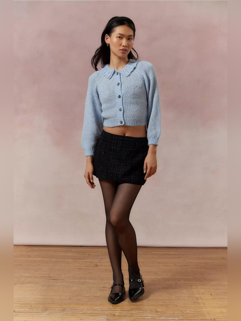 Kimchi Blue Mirabell Light Blue Sparkly Knit Cardigan with Ruffle Collar Cropped - Picture 2 of 13